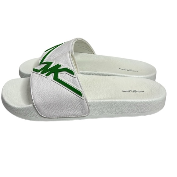 MICHAEL KORS NWT MEN’S WHITE GREEN LEATHER SLIDES SANDALS SIZE 12 - Picture 4 of 9